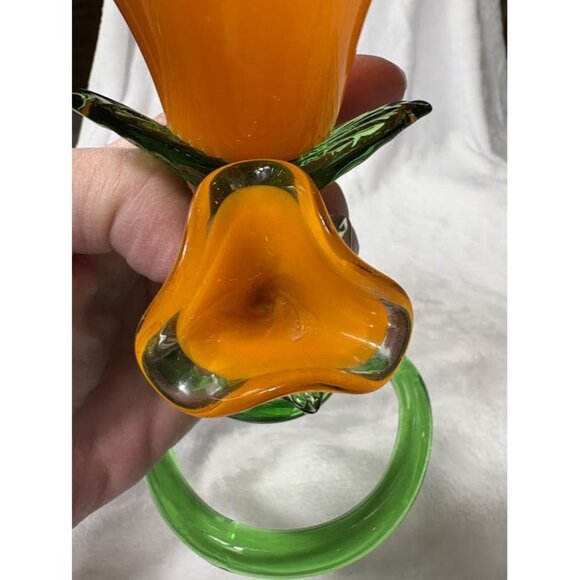 Handcrafted Orange & Green Art Glass Lily Flower Figurine Candle Holder - Picture 9 of 11